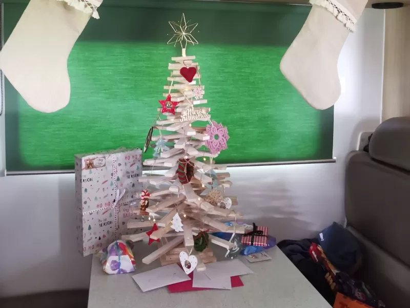 Our homemade wooden tree for our Christmas in a Van!